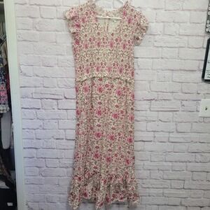 Anna Cate Arabella Midi Dress‎ Size L Pink Floral Smocked Ruffle Sleeve Cottage